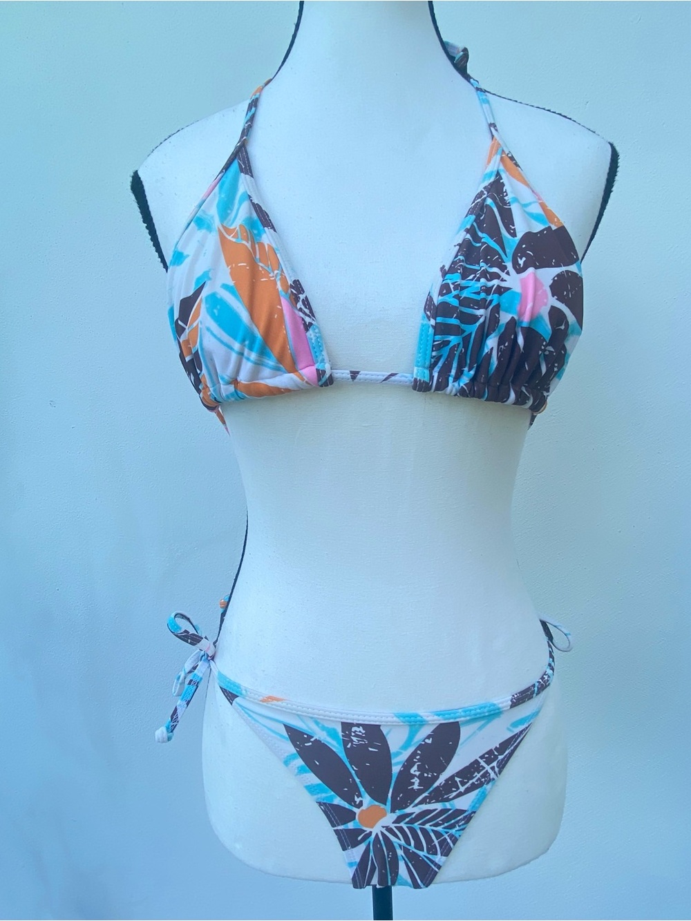 Y2K Blue Multicolor abstract Floral Bikini Set Size XS